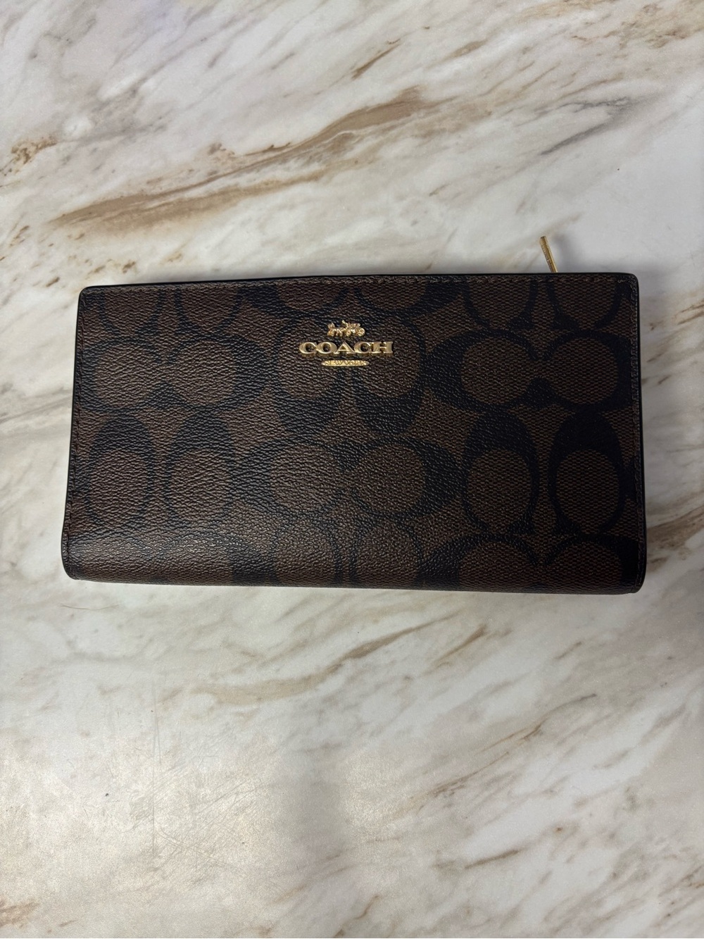 Coach Brown Signature Canvas Zip Wallet with Gold Logo